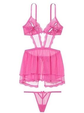 Victoria's Secret Pink Sheer Dotted Mesh Lace Babydoll Lingerie